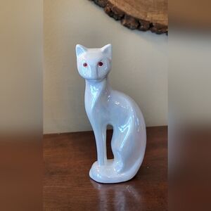 Vintage White Ceramic Cat Figurine Iridescent Red Eyes Mid-Century Modern 8.75"